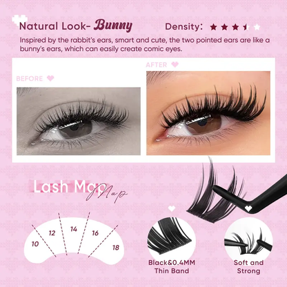Lashes Cluster Vixen|Bunny Lash CLusters Kit Manga Lash Extension with Waterproof Long-lasting Lash Bond and Seal